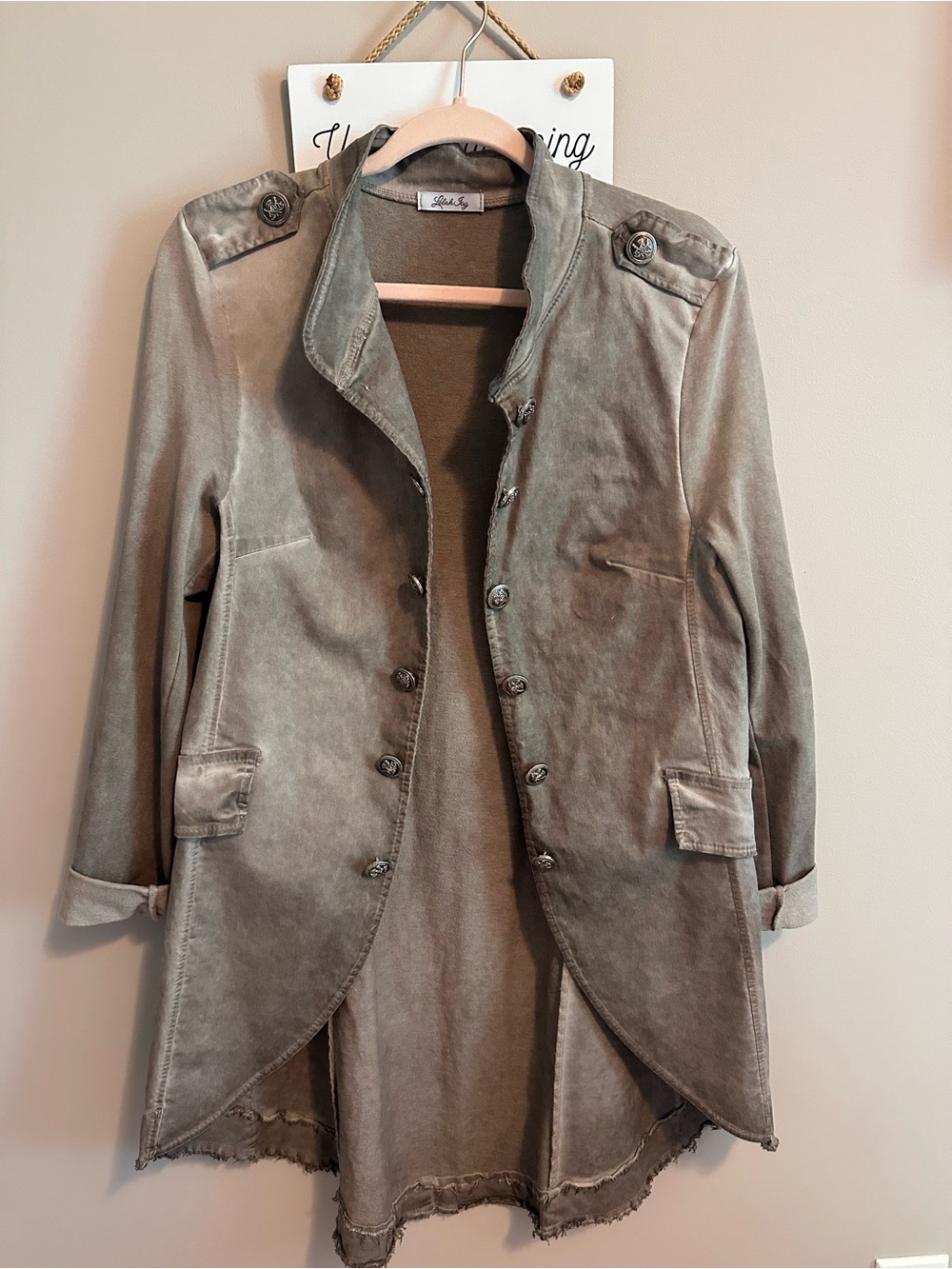 Washed Olive Button-Front Long Jacket